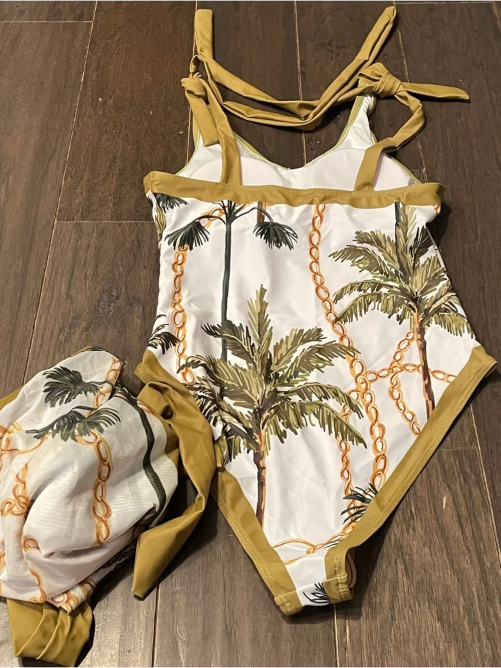 palm & chain print two-piece swimsuit set V-neck top matching skirt S NEW no tag - Picture 5 of 5